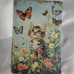 NWOT Floral Cat and‎ Butterfly Decorative Plaque